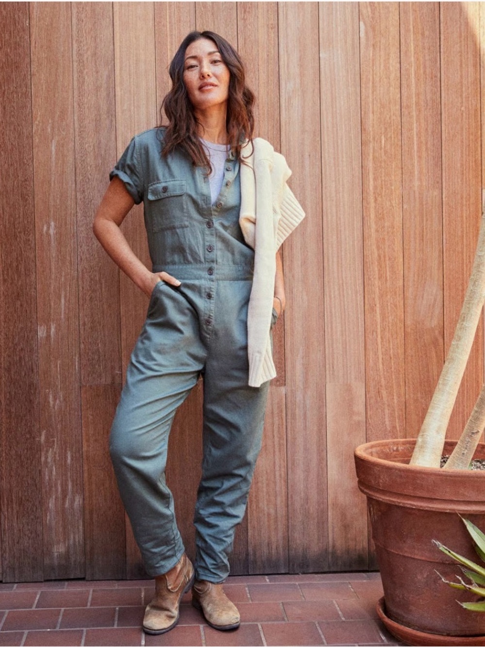 Outerknown Short-Sleeve Utility Jumpsuit in Sage